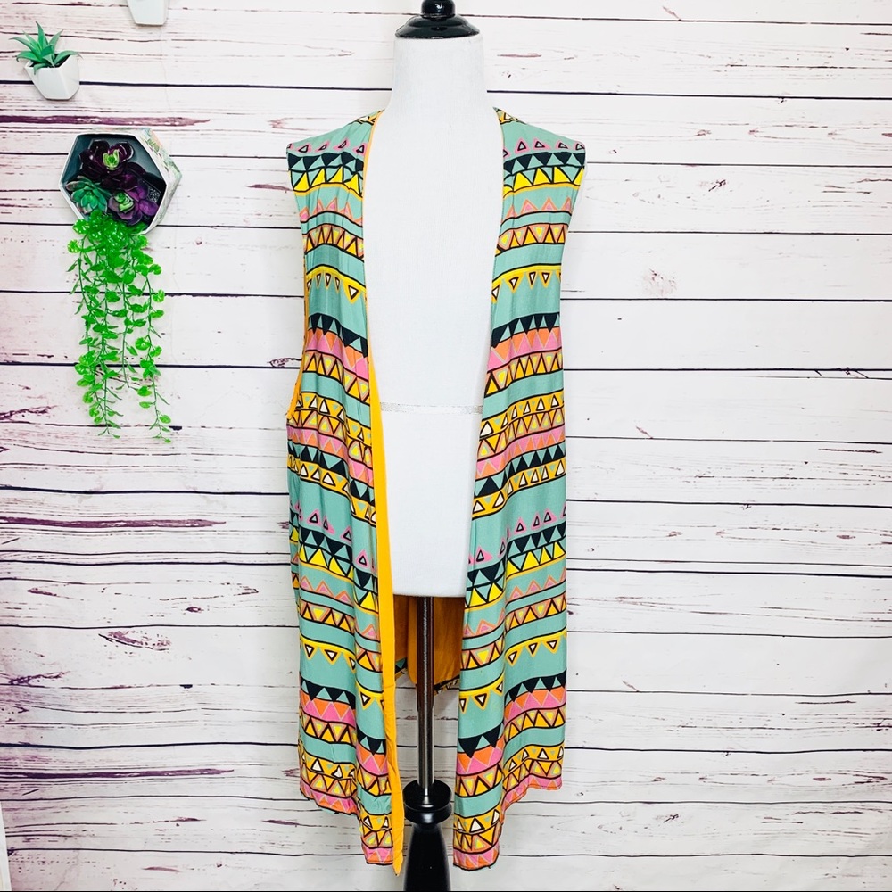 Retro Vintage 80s 90’s Long Sleeveless Colorful Kimono Festival Vest Size Large